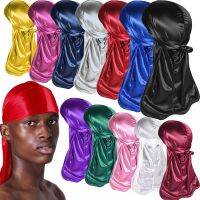 【YF】 Solid Color Silk Satin Durag Headwear Soft Long Tails Headbands Turban Waves Cap Headwrap Hats Beanie For Men Hair Accessories