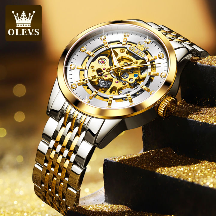 olevs-นาฬิกาข้อมือสีทองสำหรับผู้ชาย-นาฬิกากลไกสแตนเลสสตีลสไตล์เกาหลีแฟชั่นโชว์กลไกอัตโนมัติกันน้ำของแท้ปี2022