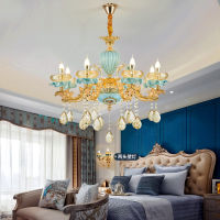 E14 Crystal Ceramic Retro Chandelier European Style Lamp For Living Room Bedroom Model Room Villa Duplex Floor Hanging Light