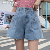 LING GAN KA NU Celana Pendek Denim ของผู้หญิง,MODE Korea ใหม่กางเกงขาสั้นเอไลน์กางเกงขาม้าเพรียวบางเอวสูงหลวมฝอย