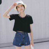 Korean Letter Printed Crop Top Women Black T-Shirt