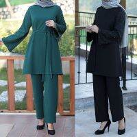 ชุดมุสลิม2ชิ้นเสื้อ Abaya Dubai แบบผูกเชือกเสื้อและกางเกงขาม้าคาฟตันอีดปากีสถานเสื้อผ้าอิสลามแอฟริกัน