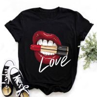 Cute Printed Black Tops Red Lips and Lipsticks Fashion Love Female Tee Clothes popular short-sleeved unisex T-shirt  6WFR