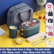 Hộp cơm giữ nhiệt văn phòng , thực phẩm văn phòng lúa mạch 2 tầng Inox
