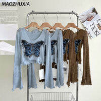 MAOZHUXIA แขนทรงระฆังคอกลมย้อนยุคเสื้อกันหนาวแบบถักสำหรับผู้หญิงที่มีต่างหูแฟชั่นสตรีด้านบน