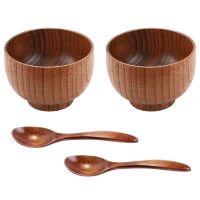 4 Pieces Wooden Handmade Bowl and Spoon for for Rice Serving Home Kitchen Tableware