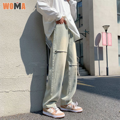 WOMA กางเกงดีไซน์อินเทรนด์กางเกงยีนส์ขาตรงแสงไฟสีผู้ชาย
