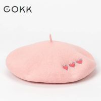 ✆❏ COKK Boina Feminina 100 Wool Beret Women Winter Hat Female Flat Cap Embroidery Love Heart Pink Gorras Fashion Warm Berets New