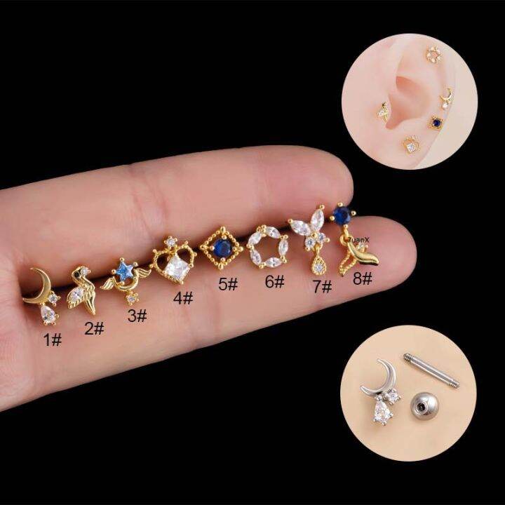 1 Piece Stainless Steel Double Head Earring Stud Moon Buuterfly Heart Shape  Gold Silver Helix Lobe Ear Piercing 16Gauge | Lazada.Vn