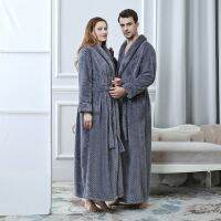 Couples Casual Flannel Robe Lengthened Bathrobe Splicing Home Clothes Women Men Pajamas Waistband Pocket Thickened Warm Suit