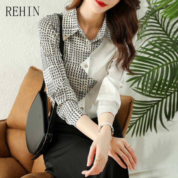 rehin-ผู้หญิงแฟชั่น-collision-ตัวอักษรเย็บเสื้อแขนยาว-elegant-lapel-ใส่ทำงานเสื้อชีฟอง