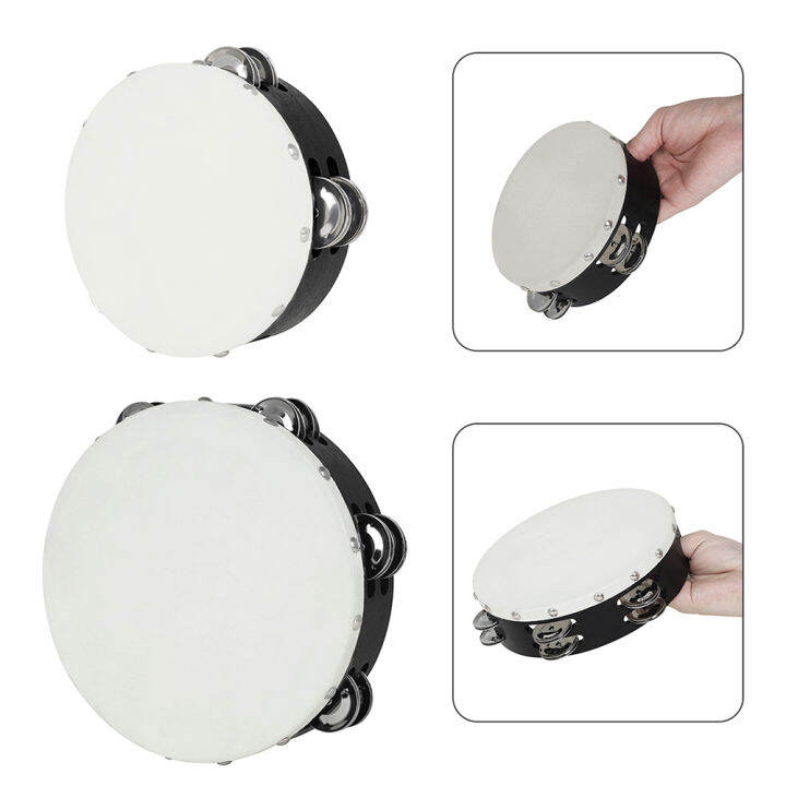 2pcs-double-row-tambourine-พร้อมเชือกไม้-entertainment-tambour-grip-ability-with-handle-round-hole-orff-musical-instruments