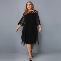 New Large Size WomenS Fashion Lace Stitching Seven -Point Sleeve Irregular Hem Chiffon Dress