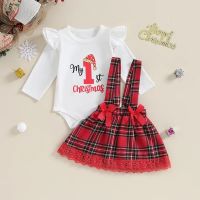 Suefunskry Baby Girls My 1St Christmas Outfits Letter Print Long Sleeve Romper And Plaid Suspender Skirt Spring Fall Clothes