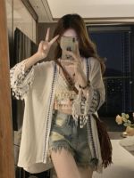 ℗✙ Mid-length fringed sun protection shirt jacket womens summer tulle cardigan shirt bohemian ethnic style ice silk top