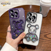 Kisscase【พร้อมฟิล์มเลนส์】เคสโทรศัพท์ลายหมีกลิตเตอร์แบบกล่องโลหะชุบหรูหราสำหรับ IPhone 14 Pro Max 14 Plus เคสใสซิลิโคนสำหรับ IPhone 11 12 13 Pro Max Xs Max Xr X เคสนิ่มการ์ตูนน่ารักแฟชั่นกันกระแทก