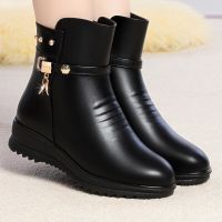 Women Boots Fashion Winter Women Leather Ankle Boots Female Thick Plush Warm Snow Boots Mother Waterproof Non-slip Booties