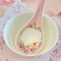 Home Kitchen Utensils Retro Ceramic Rice Spoon Bow Rose Printing Long Handle Big Spoon Restaurant Exquisite Soup Small Spoon Cooking Utensils