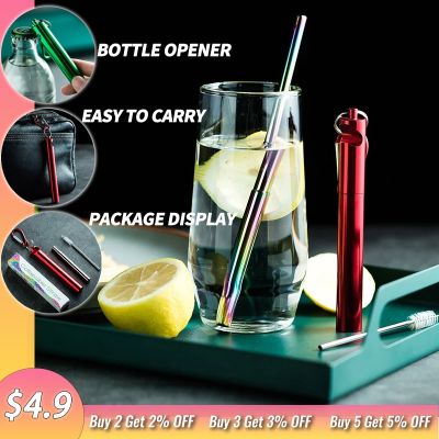 ❖₪◎ Bar Tools Metal Straw Drinkware Colorful Reusable Straw Foldable Bottle Opener Boba Straw Portable Stainless steel Beverage Tool