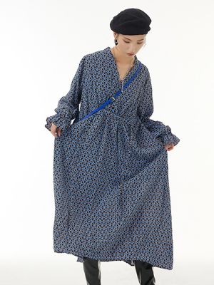 XITAO Dress Fashion Casual Print Dress Loose Irregular Folds  Long Sleeve Dress