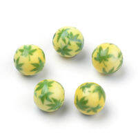 Opaque Printed Acrylic Beads Round with Pot Leaf/Hemp Leaf Pattern Yellow Green 10x9.5mm Hole: 2mm