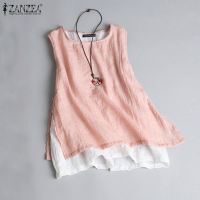 (จัดส่งฟรี)Fancystyle ZANZEA เสื้อคอกลมผ่าข้างคอวีเสื้อเด็กแขนกุดลำลองหลวมเรียบง่ายของผู้หญิง #2