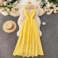 2021Sexy Hollow Out Spaghetti Strap Long Dress Summer Women Vintage High Waist Deep V-Neck YellowPinkWhite Beach Robe 2021 New