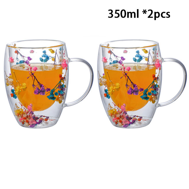 YWDL Dried Flower Double Wall Clear Glass Coffee Mugs Double