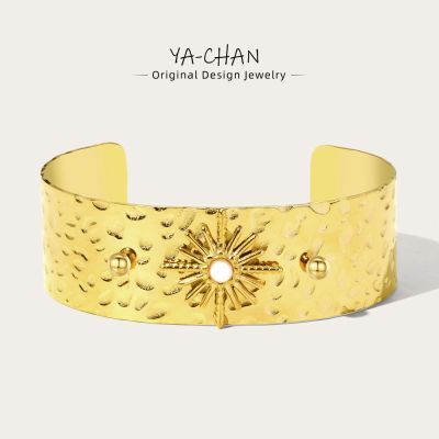 【YF】 YACHAN High Quality Stainless Steel 21MM Wide Bangle Bracelet for Women Natural Stone Statement 14K Plated Golden Star Bracelets