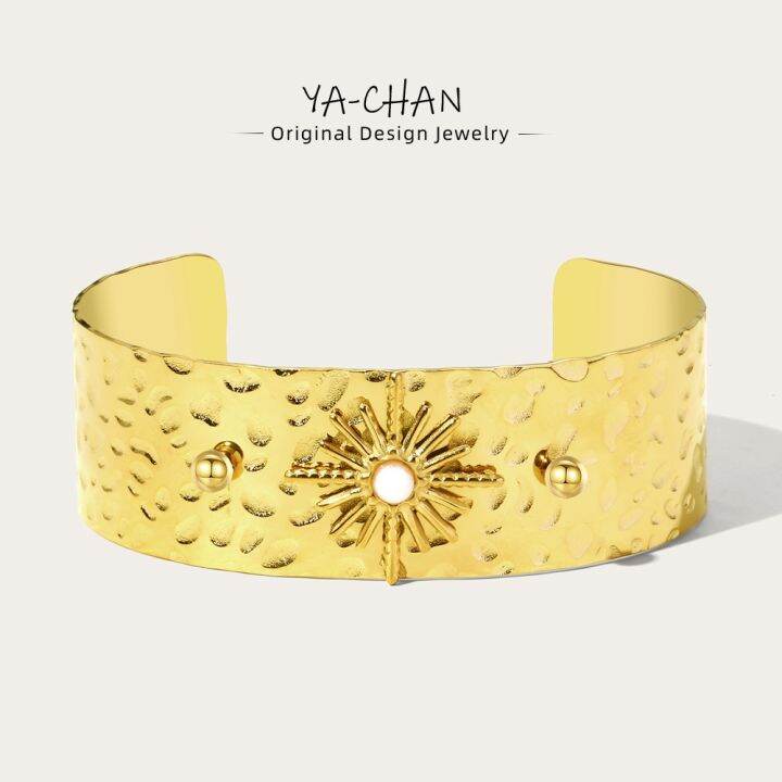 yf-yachan-high-quality-stainless-steel-21mm-wide-bangle-bracelet-for-women-natural-stone-statement-14k-plated-golden-star-bracelets