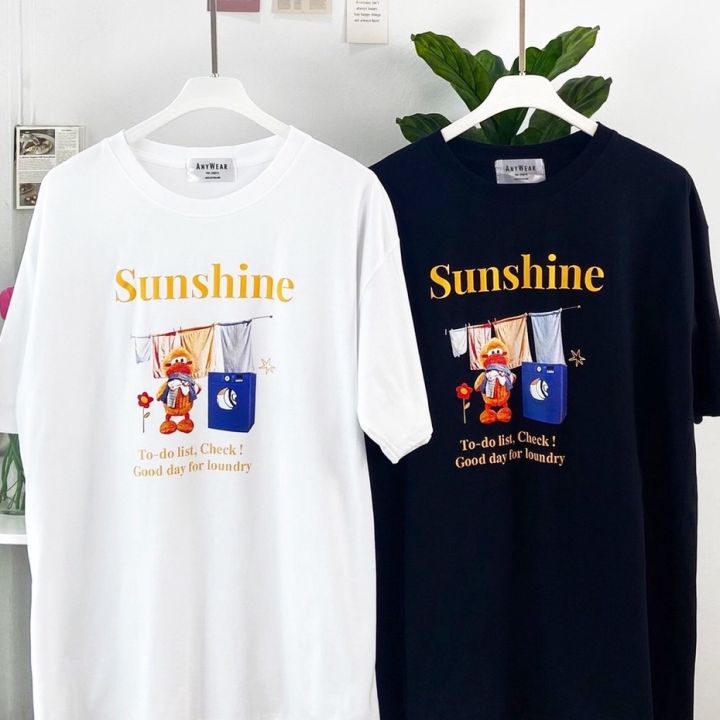 เสื้อยืด-oversize-sunshine-good-day-for-loundry-ผ้าcotton100-เสื้อยืดfreesize-เสื้อยืดทรงเกาหลี-เสื้อยืดมินิมอล