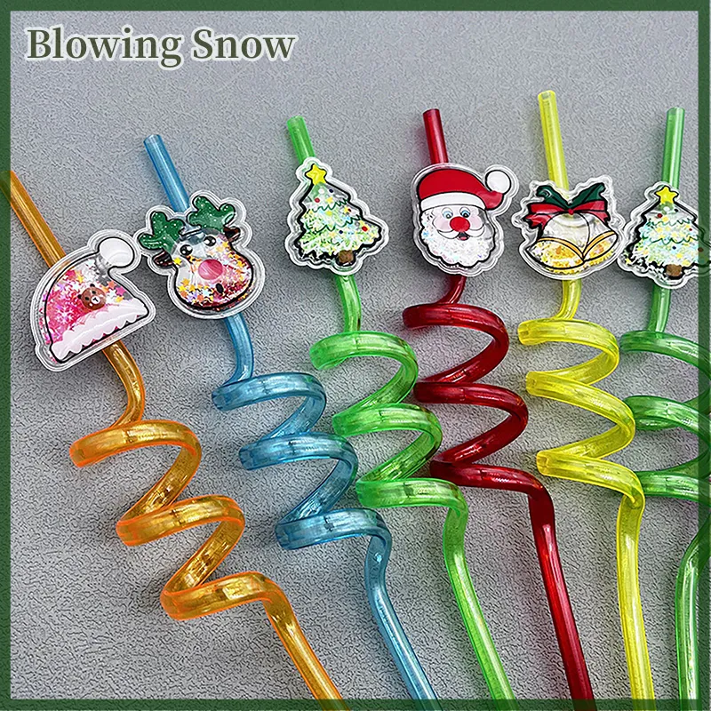 1/6Pcs Christmas Straws Reusable Plastic Spiral Xmas Colourful