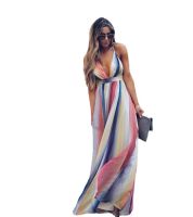 ZA 2021 New Women Elegant Long Dress Summer V-neck Mesh Rainbow Printed Sleeveless Lace Beach Dress Female Sexy Party Dresses