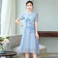 [อ่านสต็อก] เสื้อผ้าสตรีสไตล์จีน Hanfu ปรับปรุง Cheongsam หญิงดอกไม้เย็บปักถักร้อยแขนสั้นฤดูร้อน Dresses2022