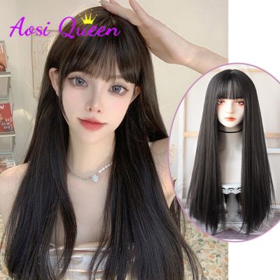 AS Long Natural Straight  Natural Black Wigs With Bangs Cosplay Party Lolita Synthetic Wigs For Women Heat Resistant Fiber