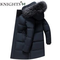 2021 Mens Down Jacket Mid-Length Winter Thick 90% White Duck Down Jacket Natural Animal Fur Collar Multi-Pockets Overcoat Men