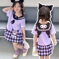 Kawaii Sanrioed Kuromi Girls Jk Dress Summer Cute Cartoon Academy Style Navy Style Short Sleeve Princess Dress Set