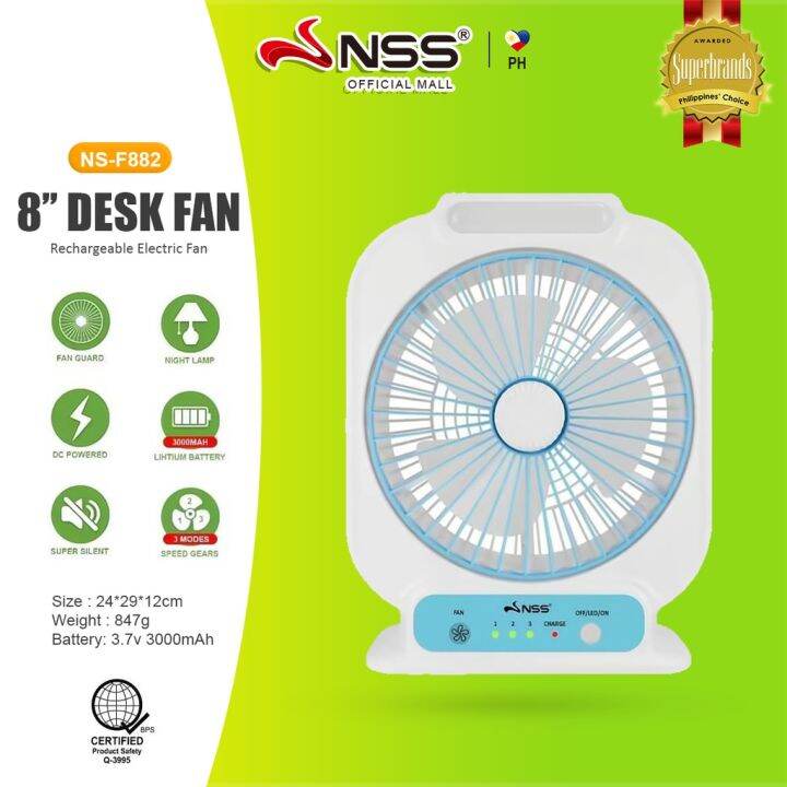 NSS Portable Electric Fan Desk Fan Rechargeable USB Charging 3 speed