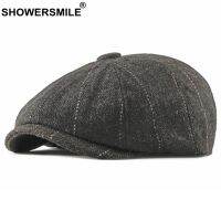 SHOWERSMILE Tweed Newsboy Cap Men Wool Herringbone Flat Cap Winter Grey Striped Male British Style Gatsby Cap Hat Adjustable