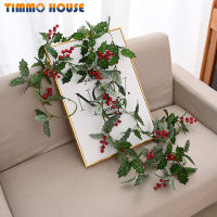 [Timmo House]200ซม. คริสต์มาสประดิษฐ์ Holly Leaf Vine และ Red Berries หวายคริสต์มาส DIY Garland พวงหรีด Xmas Tree แขวนเครื่องประดับตกแต่งบ้าน