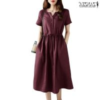 COD DSTGRTYTRUYUY ZANZEA Women Casual Loose Solid Beach A-Line Drawstring Waist Long Midi Dress