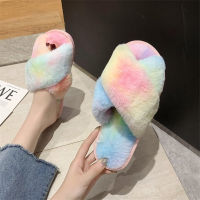 Dropshipping Winter Women Home Slippers Faux Fur Fashion Ladies Warm Shoes Woman House Slippers Slip on Flats Female Slides