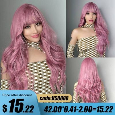 CharmSource Long Natural Wavy Wig with Neat Bangs/Fringe For Women Pink Hair Synthetic Wigs Cosplay Party Heat Resistant Fibre