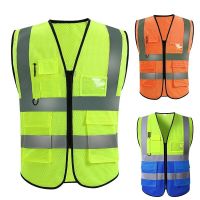 Grid Summer Reflective Safety Vest High Visibility Night Work Security Sleeveless Construction Workwear Zipper Pockets Adults