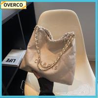 OVERCO สีทึบทึบ กระเป๋าแบบสะพายไหล่ โซ่ห่วงโซ่ พียู PU กระเป๋าถือแบบถือ แฟชั่นสำหรับผู้หญิง จุได้มาก ถุงใต้วงแขน สำหรับผู้หญิง