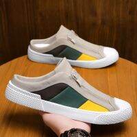 COD DSFGREYTRUYTU 2022 Half slippers Mens Summer Thin Breathable Canvas Shoes Korean Fashion Casual Mens Shoes Slip-on Heelless Lazybones Shoes