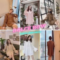 ขาว/ชมพู/เขียวมอส/เบจ/น้ำตาล SLYQ MADE ? DOLCE BOW SLEEVE LINEN DRESS เดรสคอระบายผูกโบว์หลังปลายแขนผูกโบว์