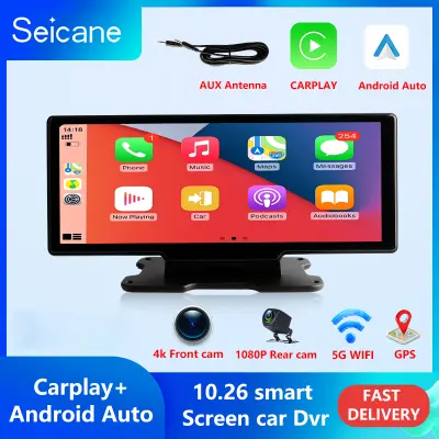 Seicane 4K 10.26 นิ้วรถ Carplay Dash Cam DVR Android Auto WiFi FM กล้องมองหลังสนับสนุนเลนส์คู่ H.265 1080P ในตัว Carplay และ Android Auto รองรับการเล่นโทรศัพท์มือถือ 24H Park
