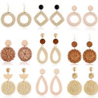 Bohemian Wicker Rattan Knit Pendant Earrings Handmade Wood Vine Weave Geometry Round Statement Long Earrings for Women Jewelry