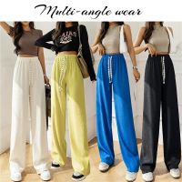 New Summer Wide-Leg Pants For Women Loose Leggings High Waist Mopping Pleat Design Pants Lady Casual Drawstring Long Trousers